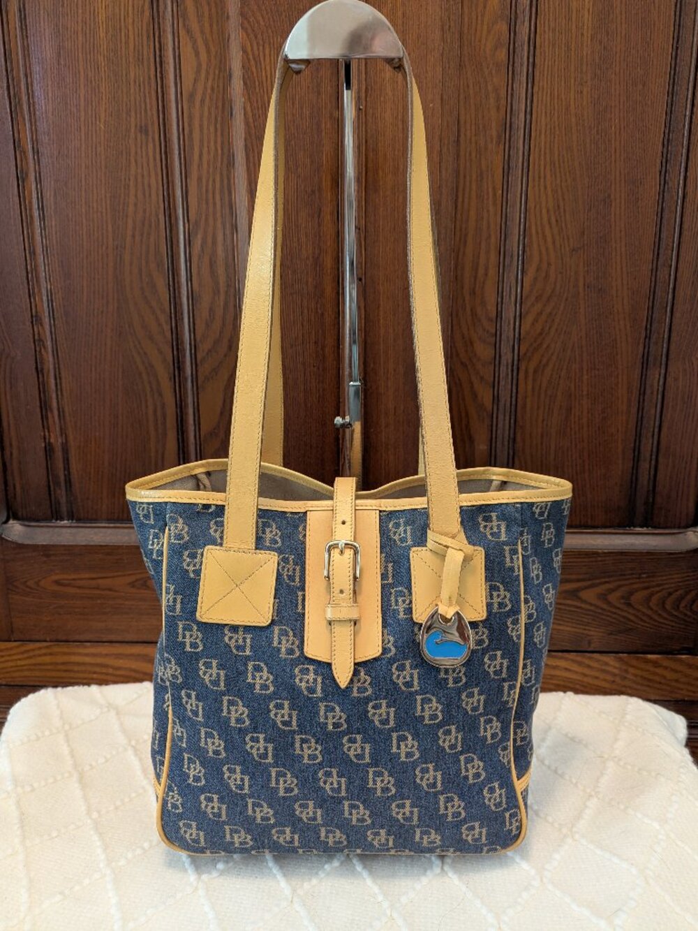 Dooney & Bourke Vintage Signature Blue Denim & Yellow Leather Large Tote Bag